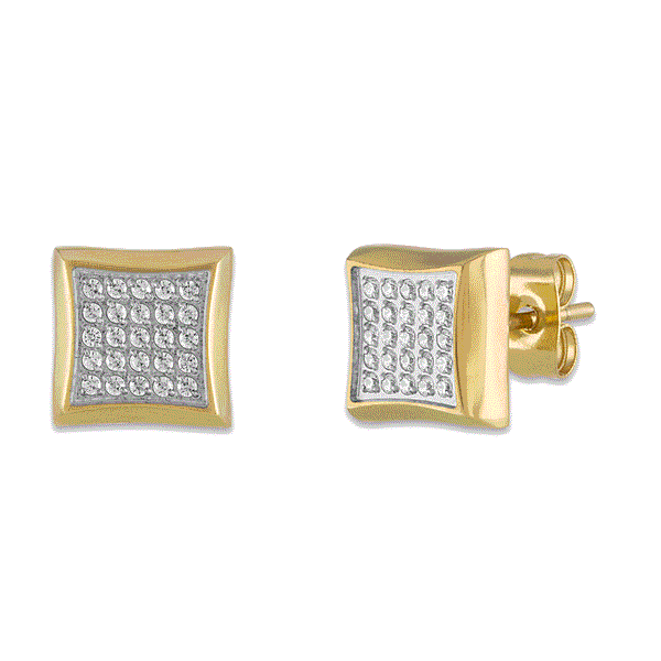 Gold Ion Plated Stainless Steel Square Shaped Earrings with Diamond and Friction Back
