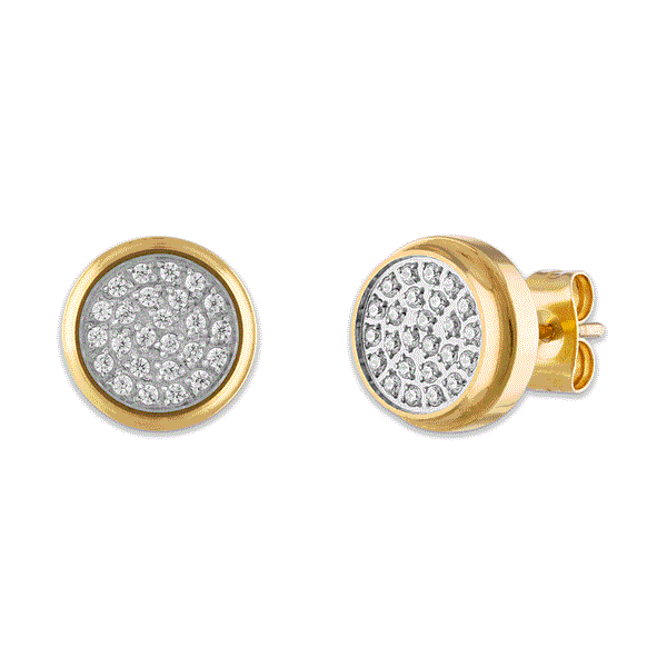 Gold Ion Plated Stainless Steel Circle Shaped Earrings with Diamond and Friction Back