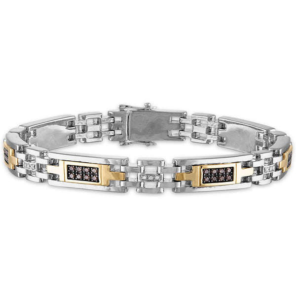 Brown and White Diamond Link Bracelet Set in Sterling Silver and Yellow Gold, 8.75"
