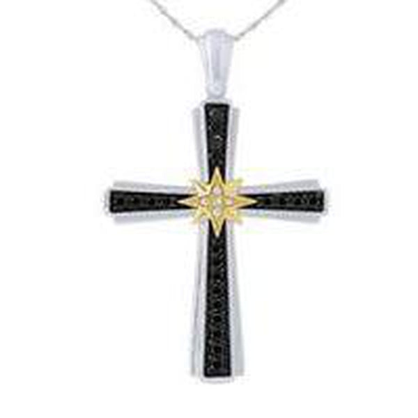 Black Diamond Cross Pendant Necklace Set in 10k Yellow Gold with White Diamond Accents, 22"