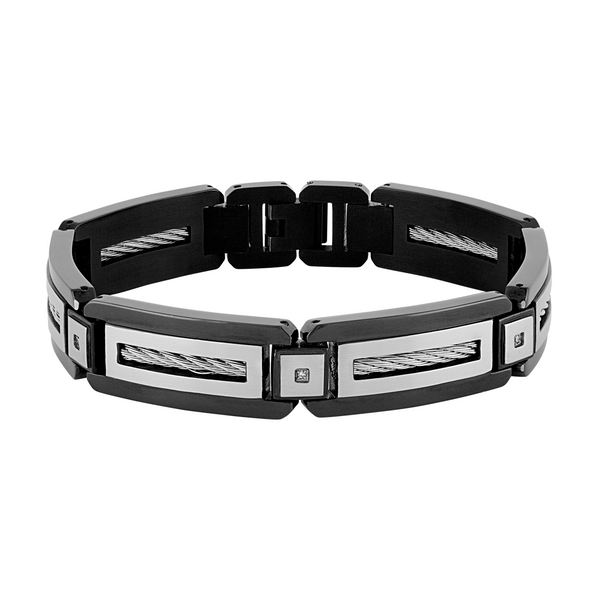 Black and Silver Ion Plated Stainless Steel Link Bracelet with Diamond Accents and Braided Cables, 8.75"