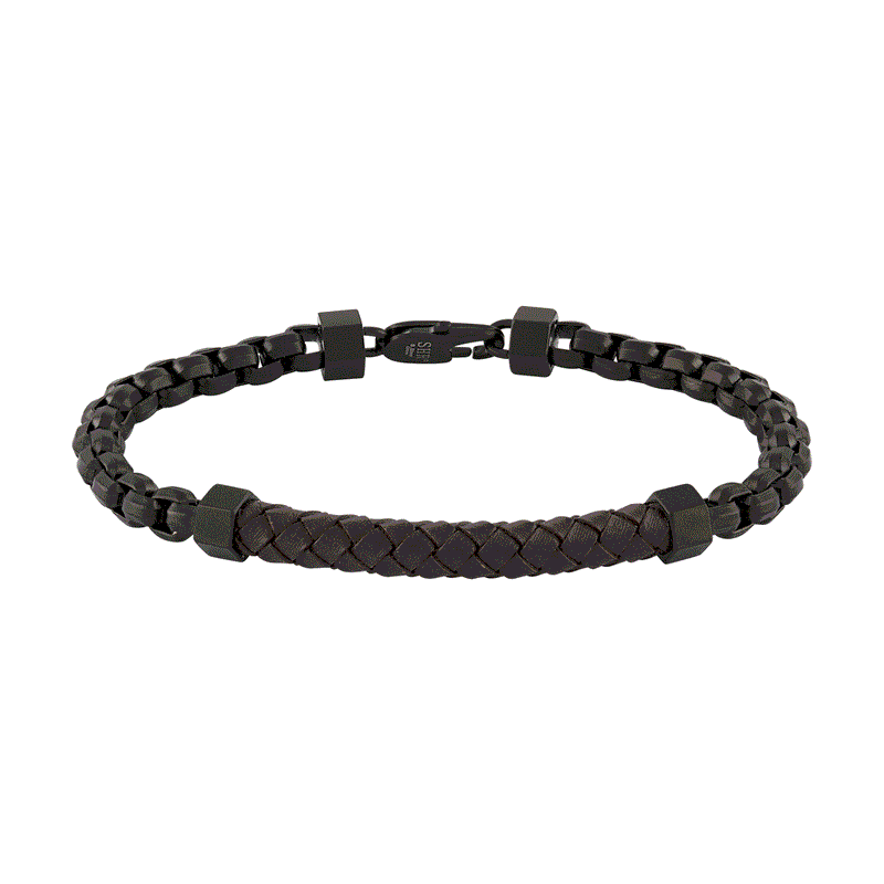 The Men's Corner 6mm Genuine Brown Leather and Black Ion Plated Chain Bracelet, 8.50"