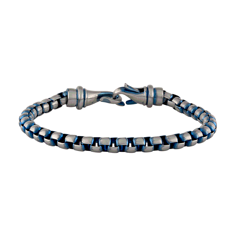 THE MEN'S CORNER Blue Accented Stainless Steel Mens Box Chain Bracelet with Lobster Claw Clasp - 8.5 Inche