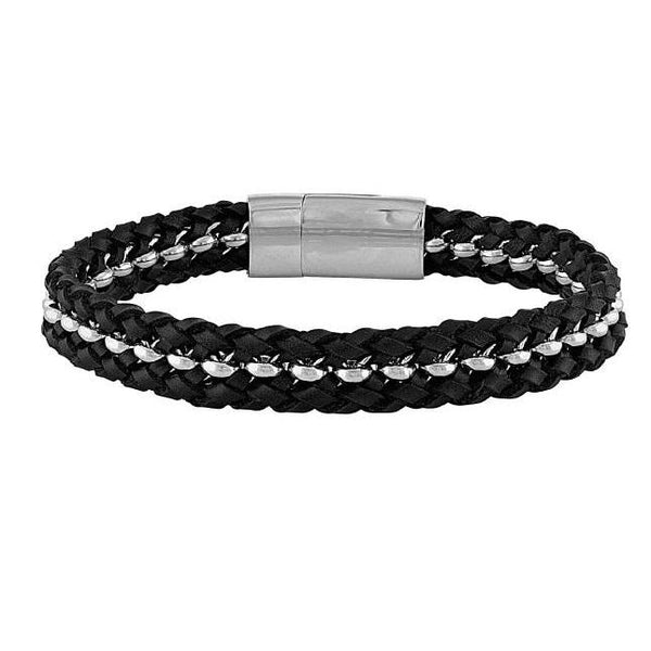 The Men's Corner  Leather Bracelet with Woven Stainless Steel 8.5"