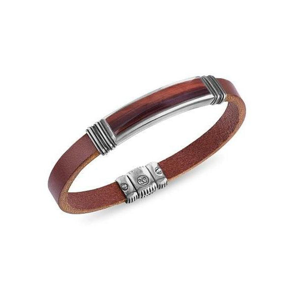 Esquire Red Tigers Eye Brown Leather Bracelet with Sterling Silver, 8.50"
