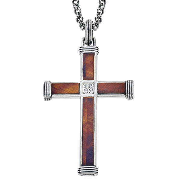 Esquire Red Tiger's Eye & Diamond Accent Cross Pendant Set in Sterling Silver, 22"