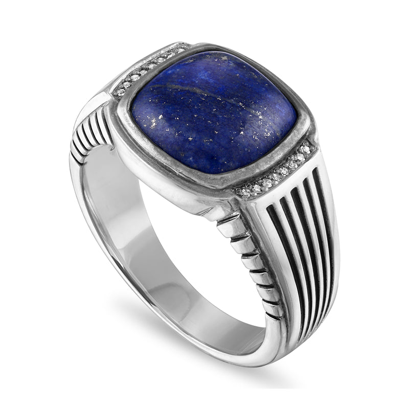 Esquire Blue Lapis Ring with Cushion Cut and Diamond Accents, Set in Sterling Silver, 8-11.50