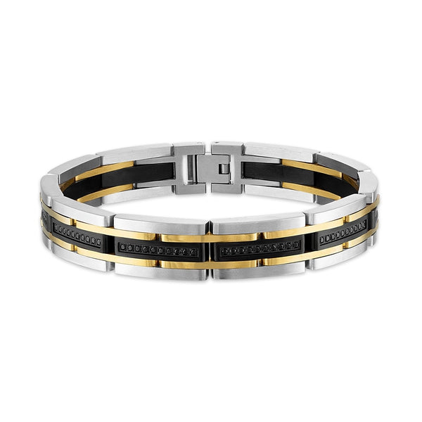 Esquire Gold, Silver, & Black Toned Ion Plated Stainless Steel Link Bracelet with Black Diamonds, 8.50"