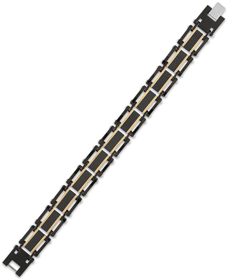 Esquire Men's Carbon Fiber Square Link Bracelet with Black and Gold Toned Ion Plated Stainless Steel, 8.50"