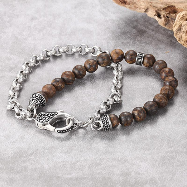Silver & Brown Bronzite Stones with Stainless Steel Bracelet Ensemble