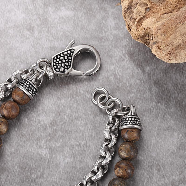Silver & Brown Bronzite Stones with Stainless Steel Bracelet Ensemble