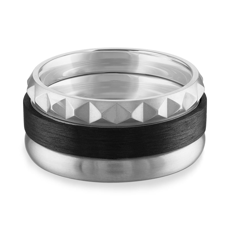 Pyramid Stacking Ring Black, Carbon &  Silver Stainless Steel Set of 3