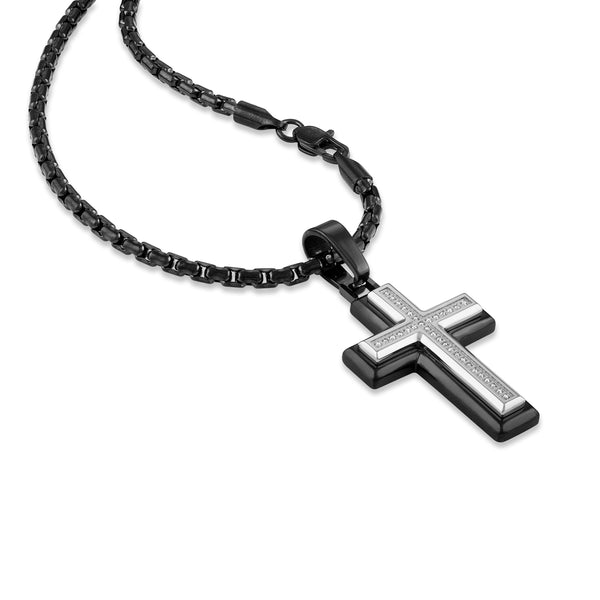 Diamond Black Cross Necklace 1/10 cttw with Black Ion Plated Stainless Steel Rolo Chain, 22"