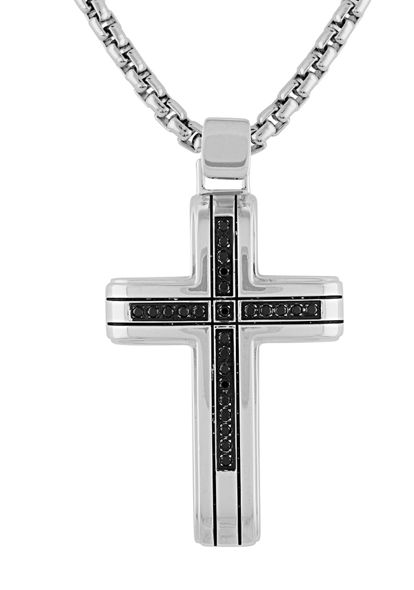 Stainless Steel Cross Pendant Necklace with Black Diamond Accents, 22"