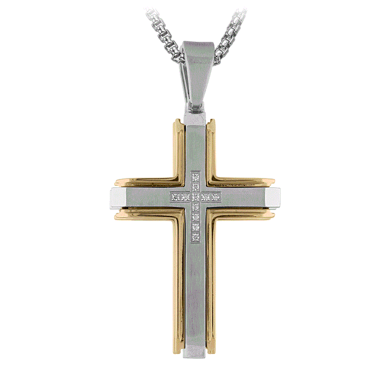 Diamond Cross Pendant Necklace Set in Gold Toned Ion Plated Stainless Steel, 22"