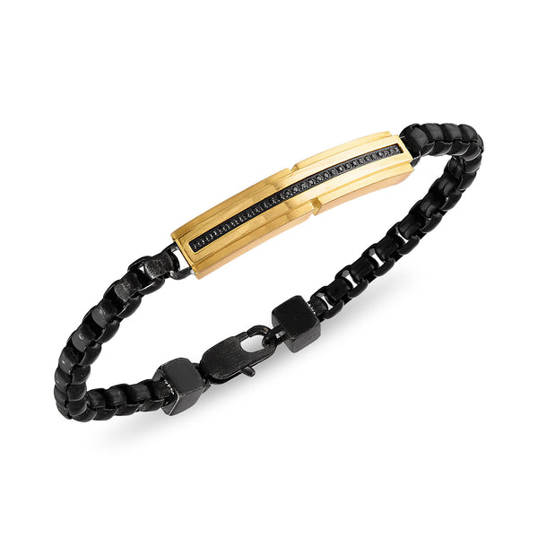 Esquire Black and Gold Ion Plated Stainless Steel Bracelet with Black Diamonds, 8.50"